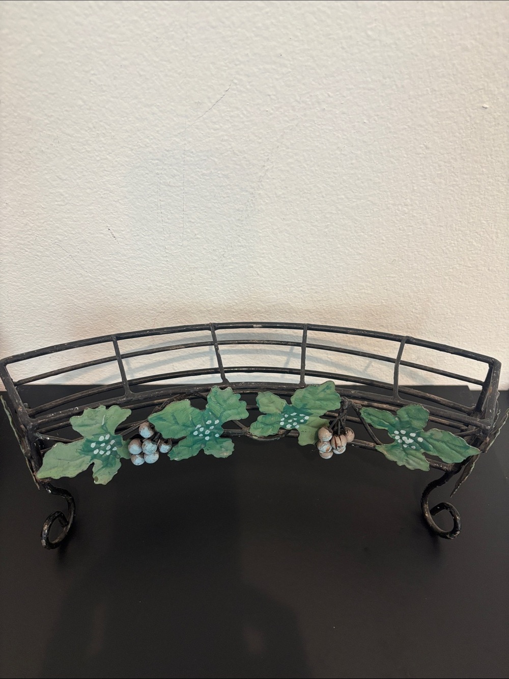 Vintage Tuscan Wrought Iron Planter Tray - Grape & Leaf Metal Basket